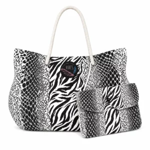 Bag mare con pochette, Medium Animalier Black&White, microfibra antisabbia, 39x30cm