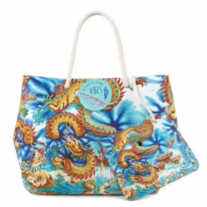Borsa mare con pochette, Beach Bag Medium Dragon, in microfibra antisabbia, 39x30cm