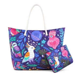 Bag mare con pochette, Medium Pappagalli, microfibra antisabbia, 39x30cm