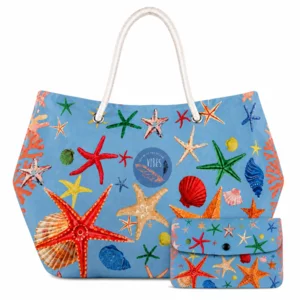 Beach mare con pochette, Bag Large Stella Marina Azzurro, microfibra antisabbia, 32x53cm