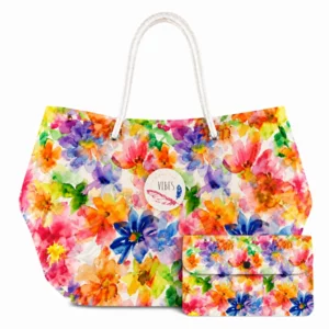 Borsa mare con pochette, Beach Bag Large Florato, microfibra antisabbia,  32x53cm