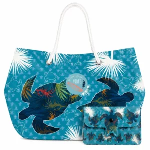 Borsa mare con pochette, Beach Bag Large Turtle, microfibra antisabbia,  32x53cm