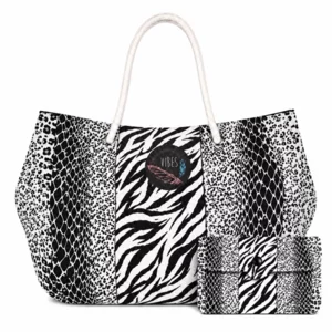 Bag mare con pochette, Large Animalier Black&White, microfibra antisabbia,  32x53cm