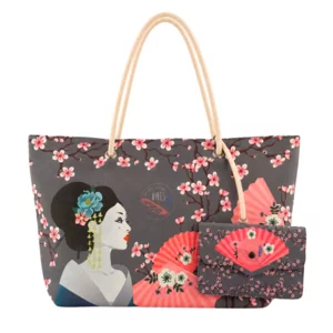 Borsa mare con pochette, Beach Bag Large Geisha, microfibra antisabbia,  32x53cm
