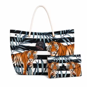 Borsa mare con pochette, Beach Bag Large Tiger, in microfibra antisabbia, 32x53cm