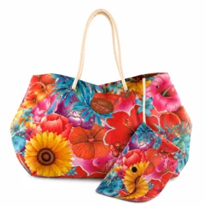 Borsa mare con pochette, Beach Bag Large Flowers, microfibra antisabbia,  32x53cm