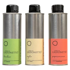 3 aromatisierte Gewürze, Terre di Grifonetto natives Olivenöl extra, 3x250ml Dose