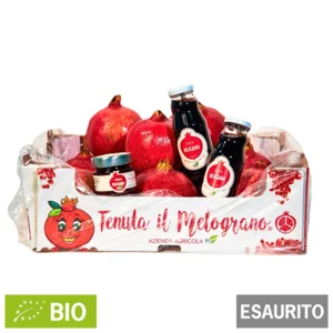 Box con frutti di melograno, succo puro 100% e composta di melograno BIO