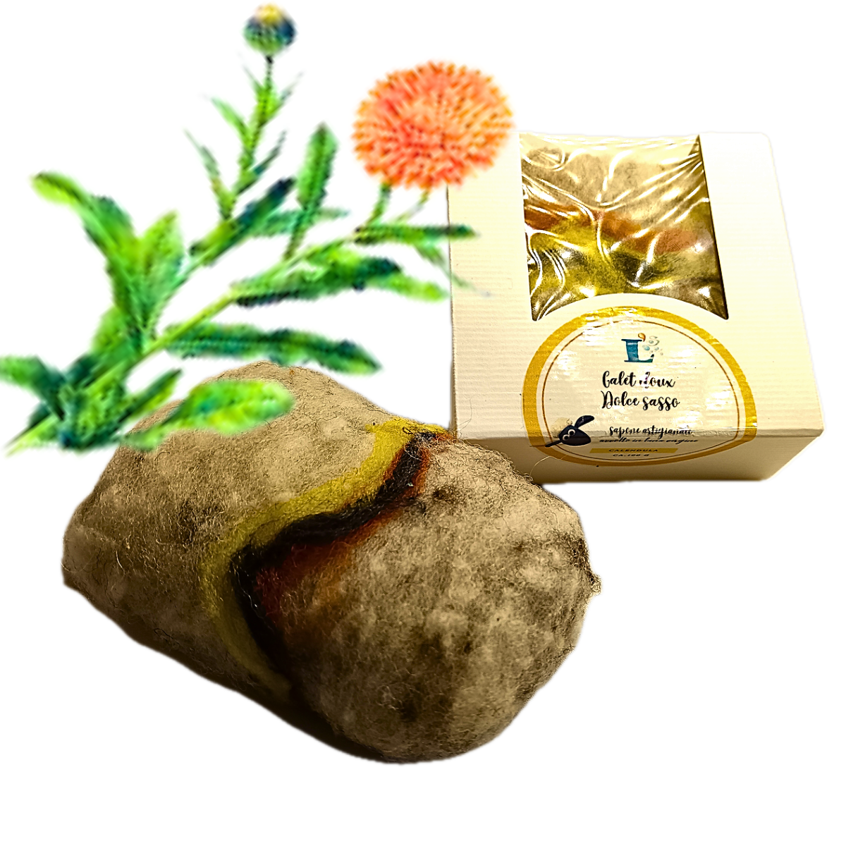 „Dolce Sasso“, mit Schurwollfilz überzogene Ringelblumenseife zum Peeling.