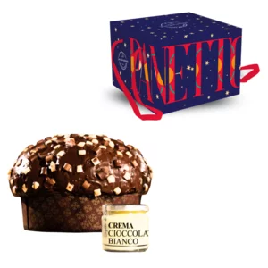 Panettone artigianale ai 3 cioccolati con vasetto di cioccolato bianco, 750g+200g