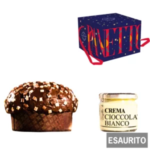 Panettone artigianale ai 3 cioccolati con vasetto di cioccolato bianco, 750g+200g