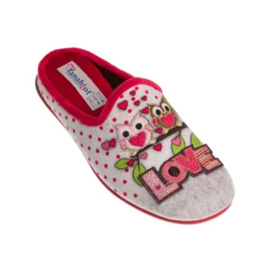 Babouche femme avec hiboux brodés en tissu et semelle en caoutchouc naturel