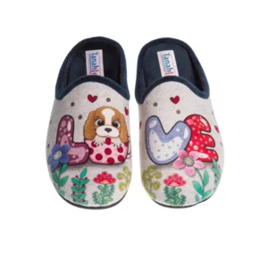 Ciabatta donna stampa cagnolino Love glitter in tessuto morbido