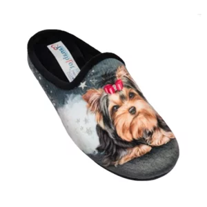 Ciabatta donna stampa cagnolino con fiocco glitter in tessuto morbido