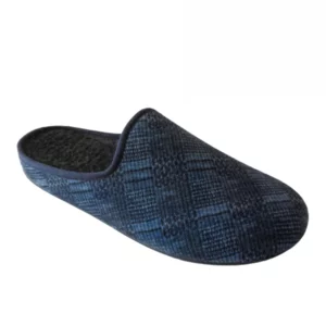 Babouche pour homme en tissu doux imprimé tartan bleu