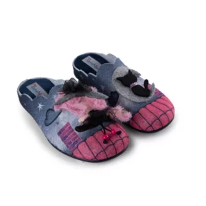 Babouche pour femme en feutre gris et fuchsia avec applications Sorcière et Chat