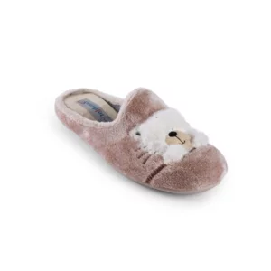 Babouche femme beige en peluche avec broderie et application ours en peluche