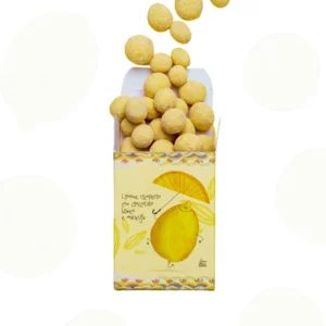 Cubetti di limone semicanditi ricoperti di cioccolato bianco e maracuja, 95g