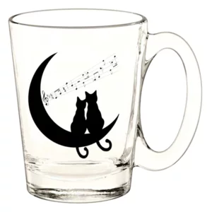 Tazza in vetro con decorazione di gatti, luna e note musicali, 10cm