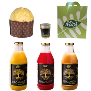Micò Weihnachtsbox mit Bergamotte-Panettone, 500 g und 3 x 750 ml Säften